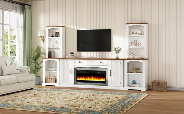English Elm 3-piece Farmhouse Entertainment Center with Curved Cabinets Walnut Mdf Modular Living Room White N721S000072K