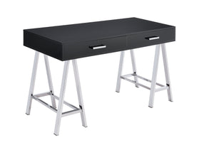 English Elm Coleen Modern Black High-Gloss Writing Desk with Chrome Sawhorse Legs, 2 Smooth Glide Drawers, 70lb B2726P315589