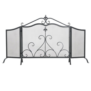 English Elm Onyx 3-panel Forged Iron Fireplace Screen with Fleur-de-lis Scrollwork Matte Black N775P386819B