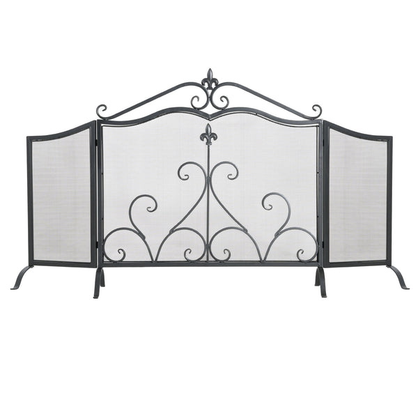 English Elm Onyx 3-panel Forged Iron Fireplace Screen with Fleur-de-lis Scrollwork Matte Black N775P386819B