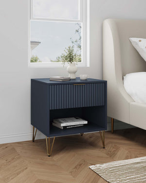 English Elm Dumbo 20" Midnight Blue Fluted Nightstand With Gold Accents - Stylish Storage For Modern Bedrooms B365P398140