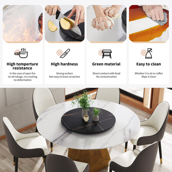 English Elm 59.05" Round Marble Dining Table With Metal Base, Seats 6-8, Stylish Black & White Finish, Turntable W1535S00373