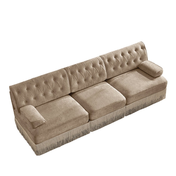 English Elm 3-seater Velvet Sofa with Button Tufting Tassel Fringe Skirt Modular Living Room Design Camel W714S01696