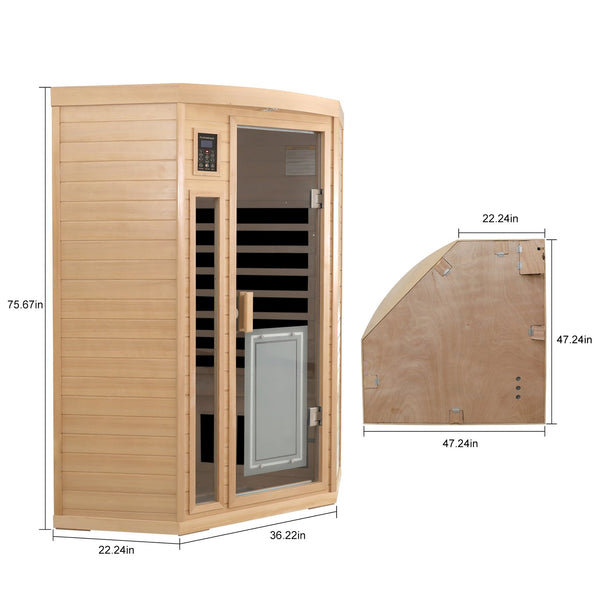 English Elm Low Emf Two Person Far Infrared Corner Sauna in Hemlock Wood with Glass Door Panel W632S00027