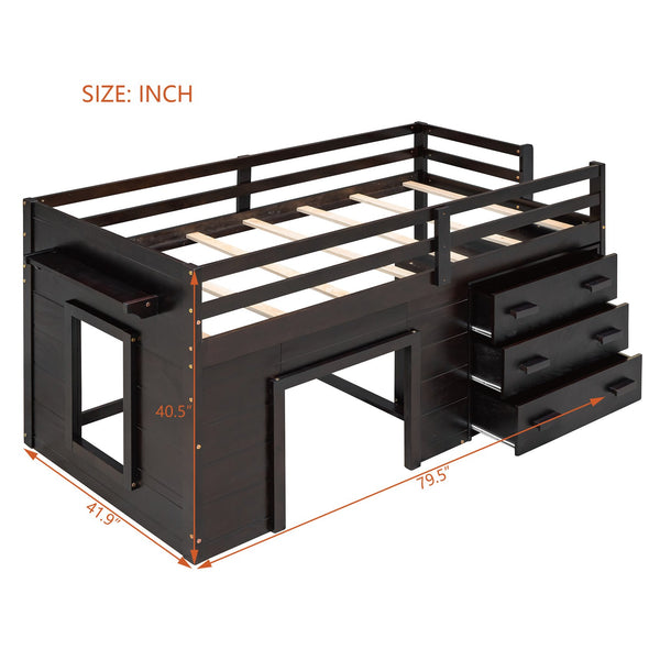 English Elm Twin Low Loft Bed with Storage Drawers Cabinet and Shelf in Espresso Wood LP001501AAP-1