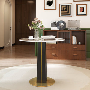 English Elm Modern Round Negotiation Table - Sleek 85Cm White Sintered Stone Top With Black Legs And Gold Base W1535S00588