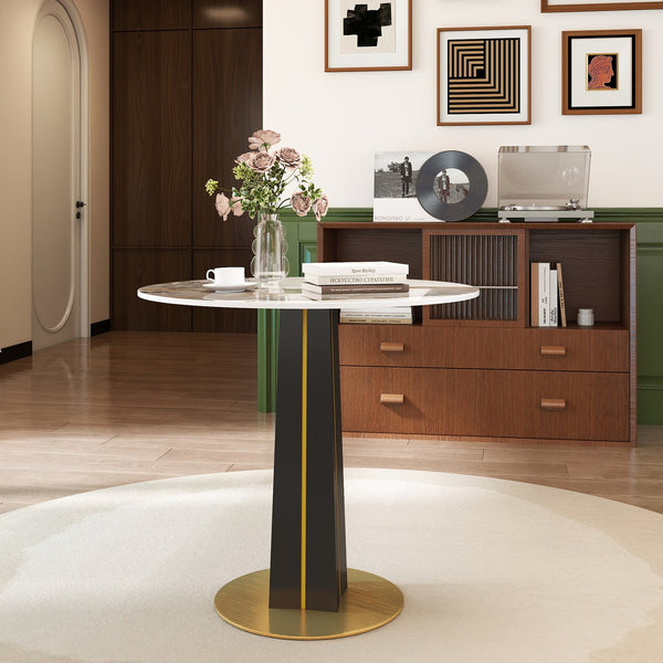 English Elm Modern Round Negotiation Table - Sleek 85Cm White Sintered Stone Top With Black Legs And Gold Base W1535S00588
