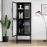 English Elm Stylish 4-Door Tempered Glass Cabinet With 4 Glass Doors Adjustable Shelves U-Shaped Leg Anti-Tip Dust-Free Fluted Glass Kitchen Credenza Black