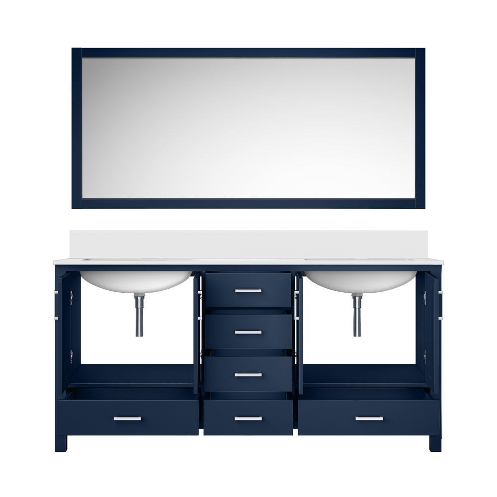English Elm Navy 72" Double Bath Vanity with White Quartz Top, Soft-Close Drawers, Mirror Included, Storage B2731S00710