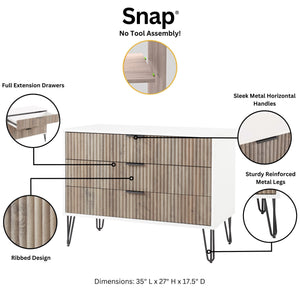 English Elm Dumbo 35" Fluted Dresser Rustic Gray & White – 3-Drawer Gold Handles, Splayed Legs, Easy Snap Assembly B365P398114