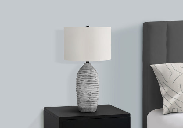 English Elm Lighting, Textured 27" Grey Resin Table Lamp with Ivory Linen Drum Shade, 3-Way Switch, Modern Accent B2710P220139