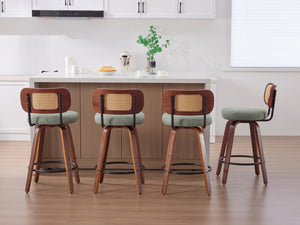 English Elm Set of 2 Swivel Counter Stools Walnut Frame Rattan Back Linen Seat Kitchen Island Light Green W1143P392172