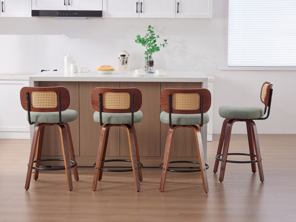 English Elm Set of 2 Swivel Counter Stools Walnut Frame Rattan Back Linen Seat Kitchen Island Light Green W1143P392172