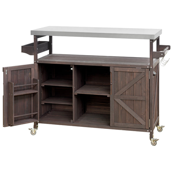 English Elm K&K Outdoor Kitchen Island Rolling Bar Cart with 1.2" Stainless Steel Top, Ample Storage, Wheels and Spice Rack Dark Brown WF532198AAZ