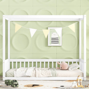 English Elm Twin Canopy Frame Floor Bed With Guardrails – Charming White Design For Cozy Kids' Rooms & Playtime W504P143278-GIGA