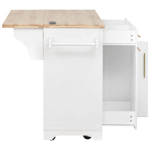 English Elm K&K Vintage Kitchen Island with Rubberwood Top, Hidden Wheels, Pull-Out Trash & Charging Station White N707P299014W