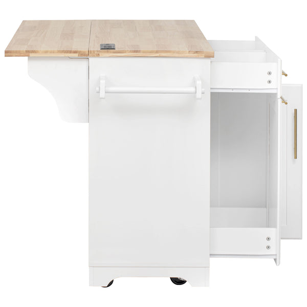 English Elm K&K Vintage Kitchen Island with Rubberwood Top, Hidden Wheels, Pull-Out Trash & Charging Station White N707P299014W