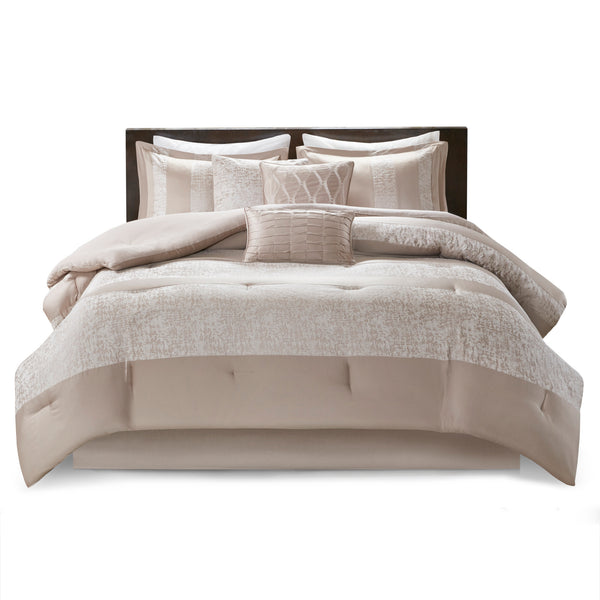 English Elm 7 Piece Chenille Jacquard Comforter Set In Taupe - Elegant Cal King Bedding With Decorative Pillows B03597091