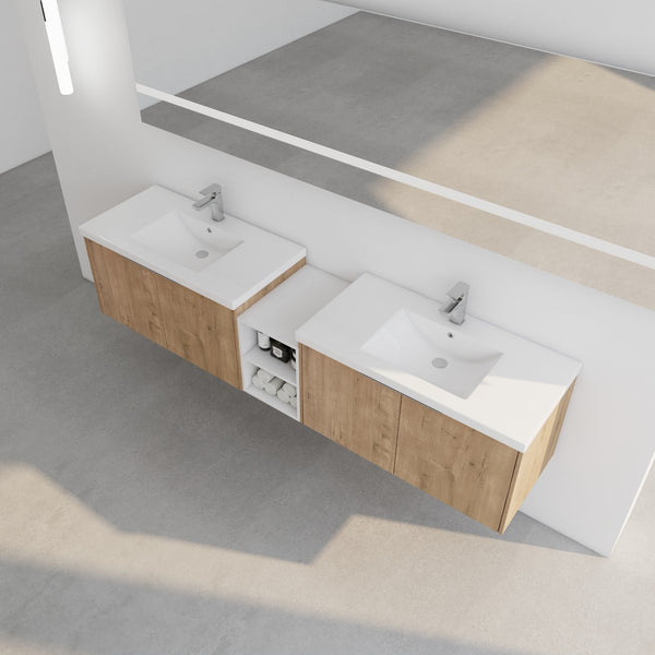 English Elm 84 Inch Wall Mounted Vanity with Dual Resin Sinks, Soft Close Doors, Metal Handles, Ample Storage Space Imitative Oak W999S00190