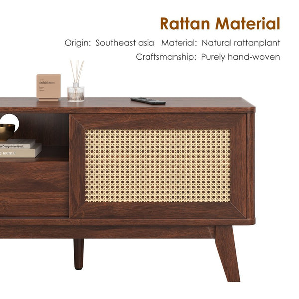 English Elm Rattan Tv Stand With Mid-Century Modern Design, Boho Style, Storage Drawers & Cable Management Solution T3623P380522-GIGA