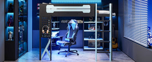 English Elm Full Size Loft Bed with Rgb Lighting Chevron Desk Usb Charging Ports and Storage Shelves Black+Blue LT000286AAC