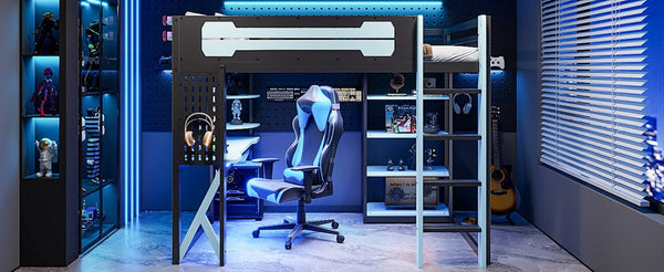 English Elm Full Size Loft Bed with Rgb Lighting Chevron Desk Usb Charging Ports and Storage Shelves Black+Blue LT000286AAC