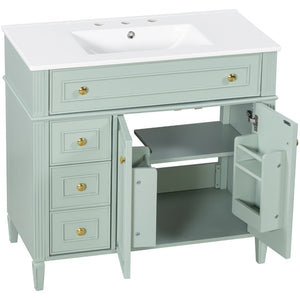 English Elm 36 Inch Freestanding Bathroom Vanity Sage Pine Cabinet Gold Hardware Ceramic Sink Green N725P366468G