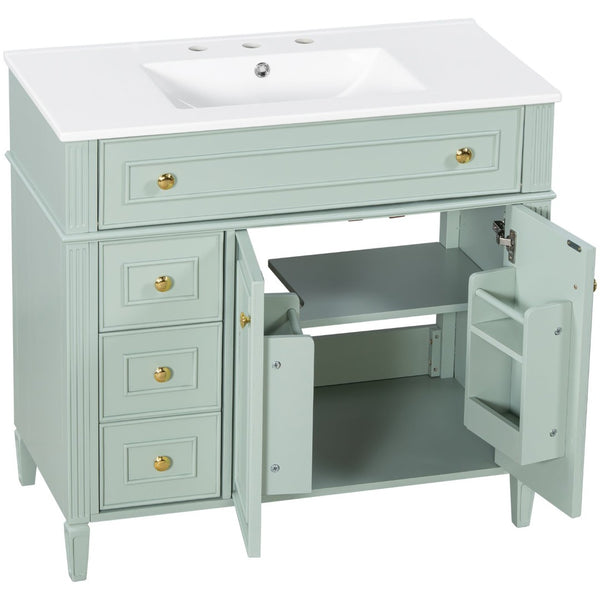 English Elm 36 Inch Freestanding Bathroom Vanity Sage Pine Cabinet Gold Hardware Ceramic Sink Green N725P366468G