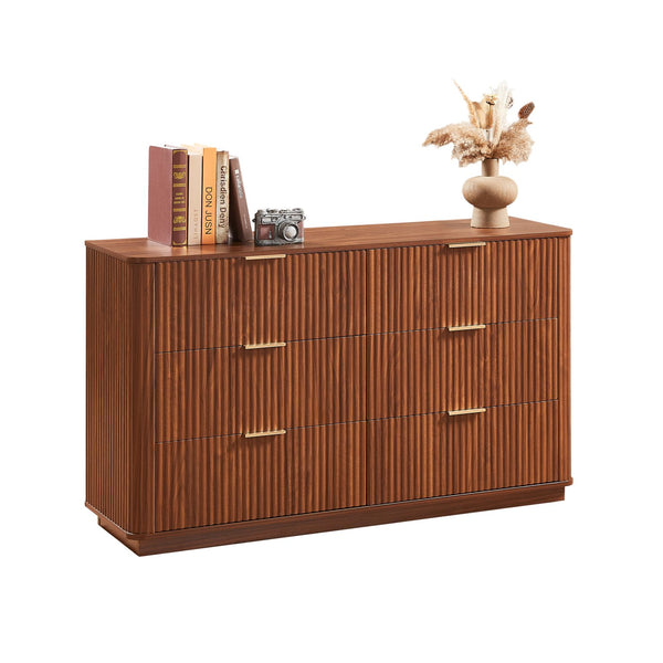 English Elm 6 Drawers Dresser Stylish 55" Wide Curved Wave Chest with Ample Storage, Sturdy Top for TV Use Walnut W1820P324616