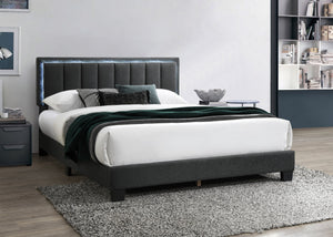 English Elm 1pc Queen Size Bed Wool Upholstered Platform with Channel Tufted Headboard and Built‑In LED Lighting Charcoal 66 L x 29 W x 9 H B011P238968