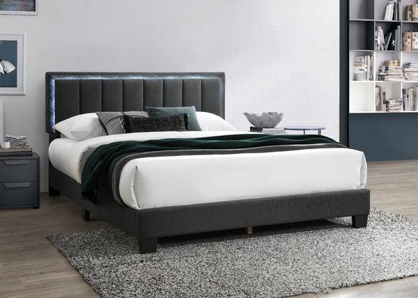 English Elm 1pc Queen Size Bed Wool Upholstered Platform with Channel Tufted Headboard and Built‑In LED Lighting Charcoal 66 L x 29 W x 9 H B011P238968