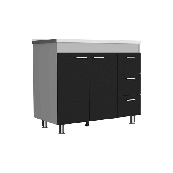 English Elm Base Double Door Cabinet with Three Drawers, Faucet Hole, Engineered Wood, White & Black Finish B097S00136
