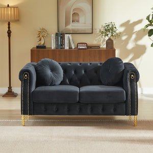 English Elm 60.5-inch Crushed Velvet Chesterfield Sofa Tufted Button Design with Copper Stud Trim Black W834S00622