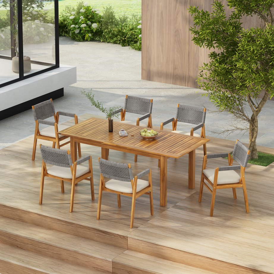 English Elm Christopher Knight Home® - Outdoor 7-Piece Rustic Acacia Dining Set With Expandable Table & Cushions For Stylish Gatherings N773P210139G6_68892.00SNTS