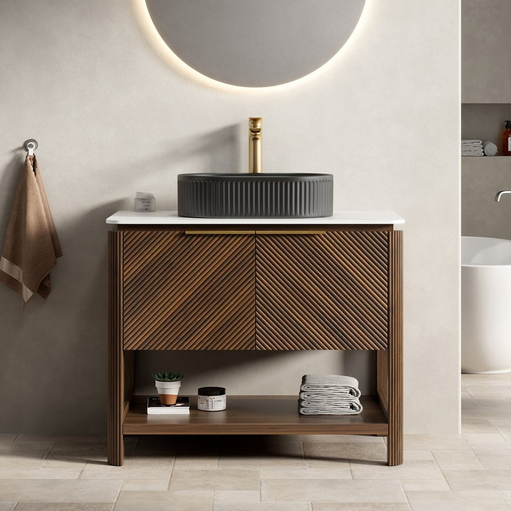 English Elm Dina Floating Bathroom Vanity Sintered Stone Top Glass Basin Striped Plywood Cabinet W2615S00722