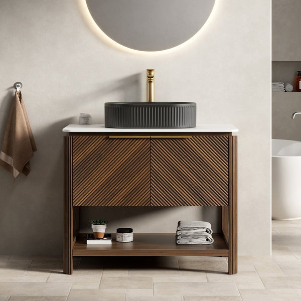 English Elm Dina Floating Bathroom Vanity Sintered Stone Top Glass Basin Striped Plywood Cabinet W2615S00722