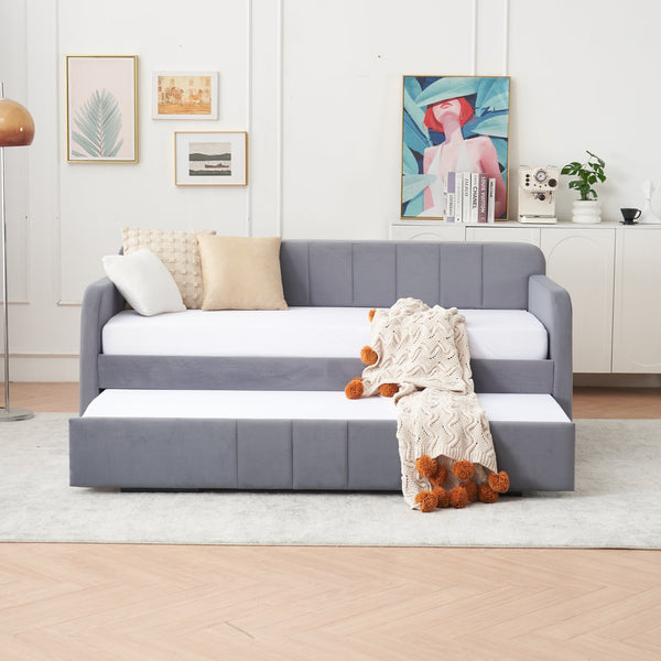 English Elm Twin Upholstered Daybed with Trundle Sofa Bed for Guest Room, Pine Wood Frame, Velvet Upholstery, Sturdy Slat Support and Full-Length Comfort Grey W1361S00022