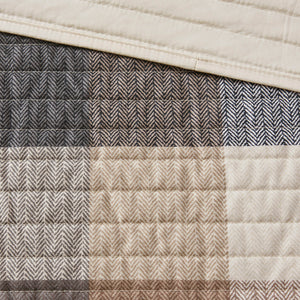 JLA Home Madison Park - 6 Piece Printed Herringbone Quilt Set with Buffalo Plaid Reversible Design and Embroidered Pillows Neutral MP13-7217