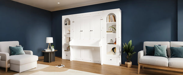 English Elm Queen Murphy Platform Bed with Foldaway Cabinet, Built-In LED, Side Cabinets & Drawers for Small Spaces White N7090002226K