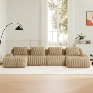 English Elm 146" U-shaped Modular Sectional Flannelette Sofa with Ottoman for Spacious Living Rooms Light Camel W714S01516