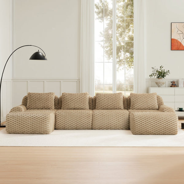 English Elm 146" U-shaped Modular Sectional Flannelette Sofa with Ottoman for Spacious Living Rooms Light Camel W714S01516