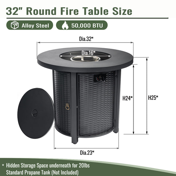 English Elm 32" 32inch Propane Fire Pit Table 50,000 BTU Steel Outdoor Patio Wicker Look with Rocks Lid Included W853P193941