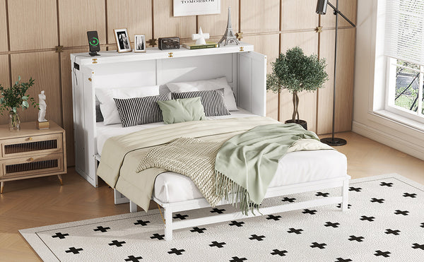 English Elm Murphy Cabinet Queen Bed Solid Pine Frame with Built-in Charging Station for Guest Rooms White W504S00164