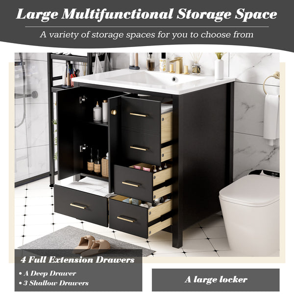 English Elm 30'' Elegant Freestanding Bathroom Vanity With Ceramic Sink, Soft-Close Drawers & Timeless Black Finish N710P194420B