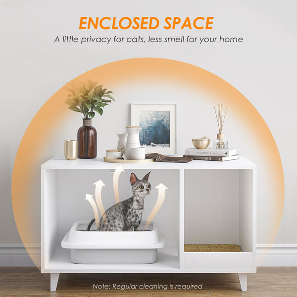 English Elm STARY Hidden Cat Litter Box Enclosure Furniture with Scratch Pad, Odor-Control, Sturdy 120LB Load White T3623P339383