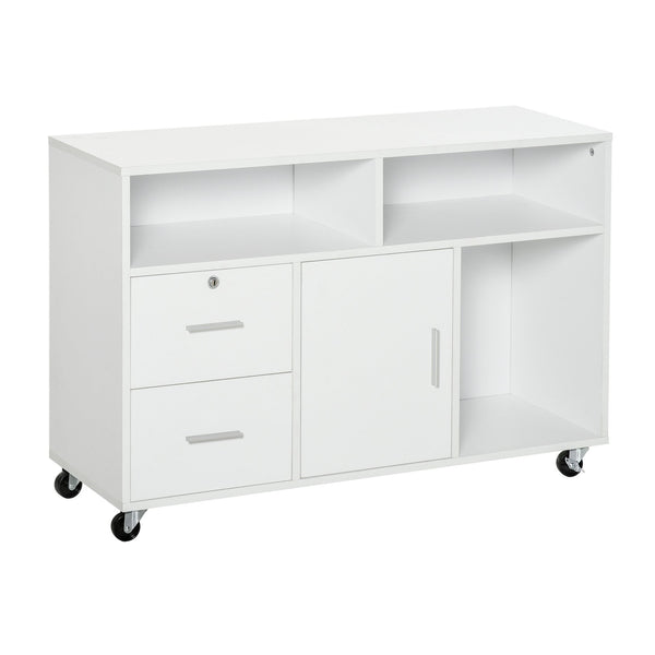 English Elm HOMCOM Mobile Printer Stand & Storage Cabinet with Locking Drawer, 3 Shelves, 4 Casters – White W2225P217762