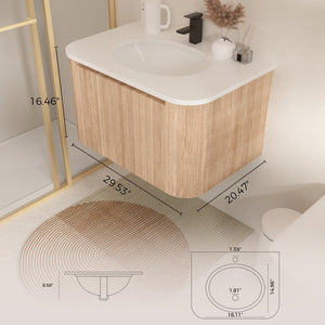 English Elm Arcora 30 Inch Wall Mounted Bathroom Vanity With Curved Sink, Wave Texture, Soft-Close Drawers & More W3235P336177