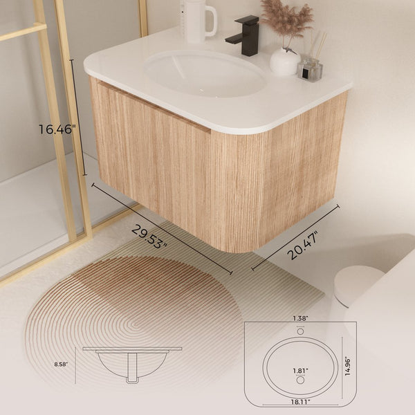 English Elm Arcora 30 Inch Wall Mounted Bathroom Vanity With Curved Sink, Wave Texture, Soft-Close Drawers & More W3235P336177