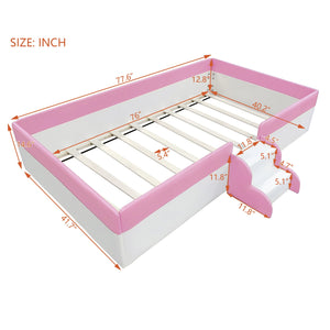English Elm Twin Kids Platform Daybed with Fence Rail and Staircase Pu Upholstered Frame SF000153AAH-1