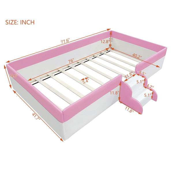 English Elm Twin Kids Platform Daybed with Fence Rail and Staircase Pu Upholstered Frame SF000153AAH-1